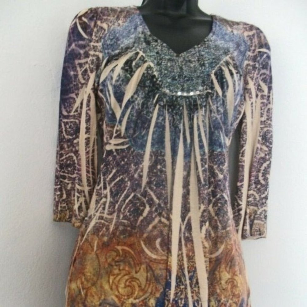 Unity World Wear, Blue, Gold/Orange, Sublimation  3/4 Sleeve Blouse Size Petite